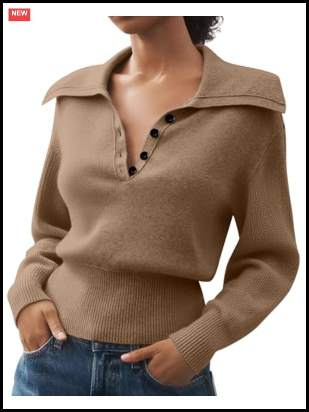 Women's Long Sleeve Slim Fit Knit Polo Pullover V-Neck Ribbed Cropped Sweater
